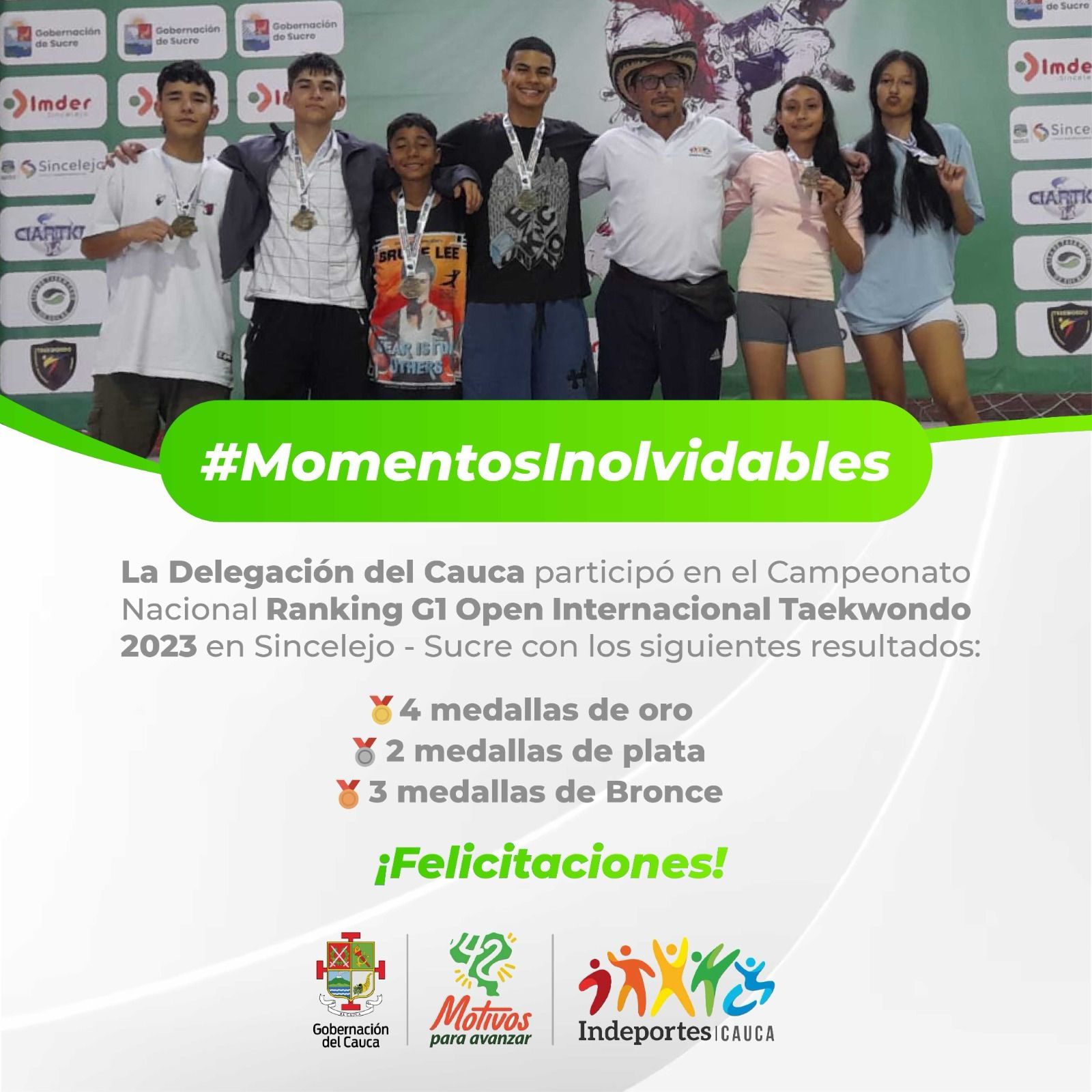 La delegación del cauca participó en el Campeonato Nacional Ranking G1 Open Internacional Taekwondo 2023 en Sincelejo - Sucre con los siguientes resultados